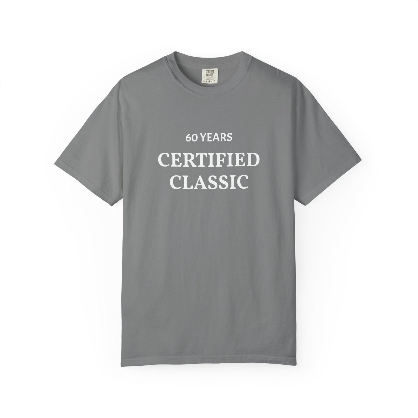 Gray t-shirt with '60 Years Certified Classic' text on a white background