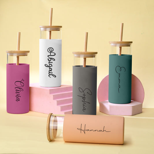 Personalized Name Glass Tumbler with Engraved Name & Wood Lid