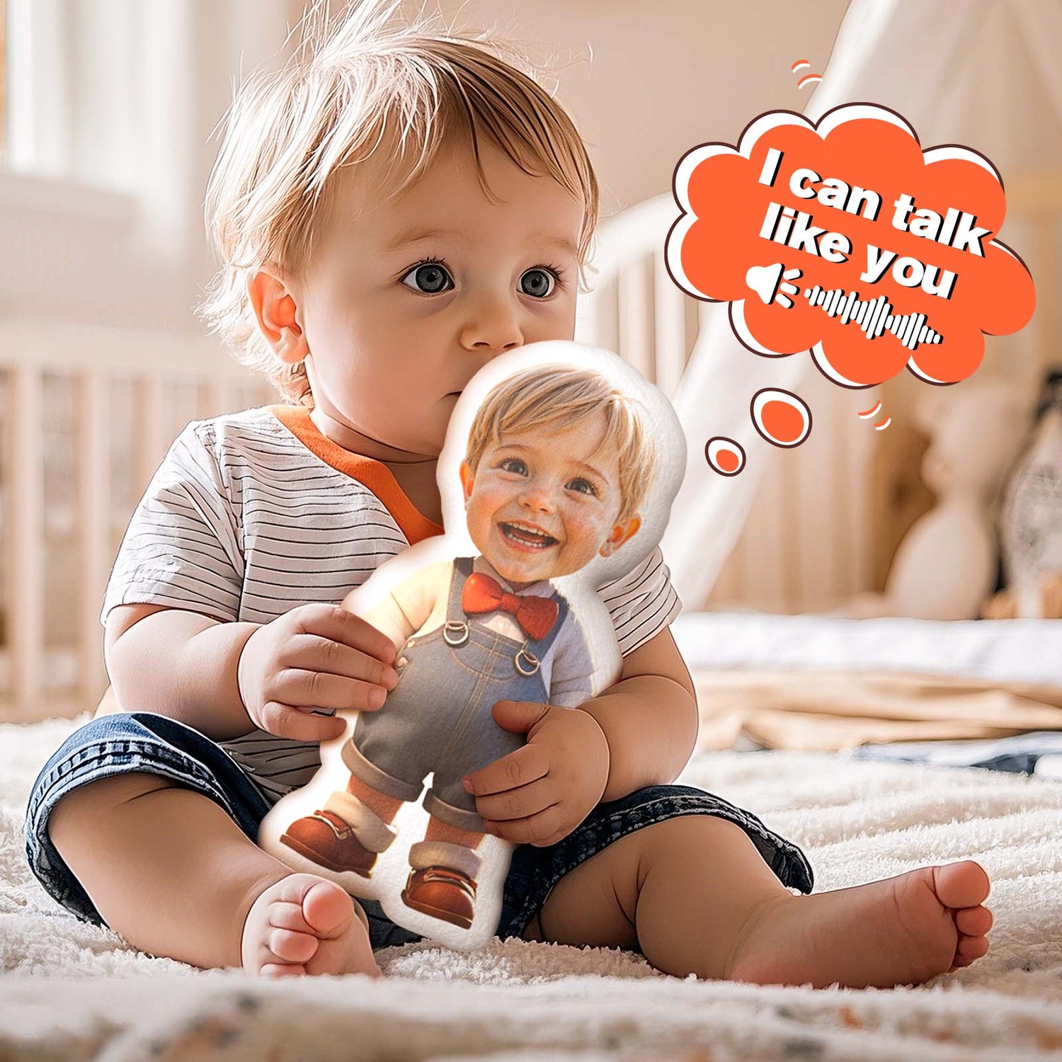 Child holding a cutout of themselves with a thought bubble saying 'I can talk like you'.