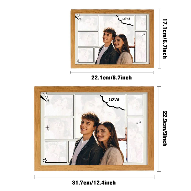 Wooden photo frame with couple's photo and measurements on a white background
