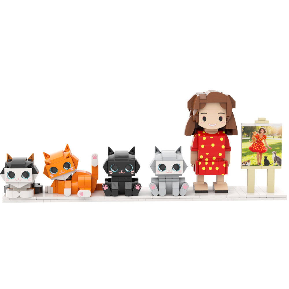 Custom Brick Figures With Frame (Female and 4 Cats) Gift For Cat Mom