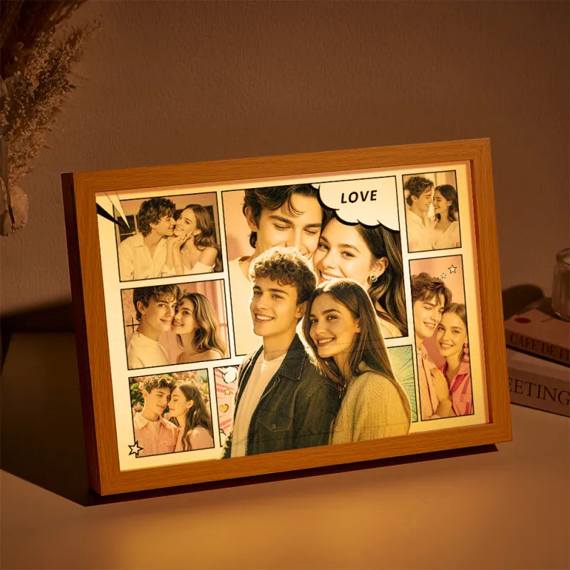 Wooden photo collage frame with a couple's images and 'LOVE' text on a warm-toned background.