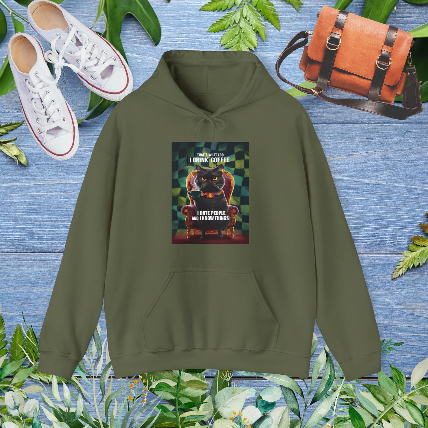 Cat Drinking Coffee Hoodie - I Hate People And I Know Things - furevermama