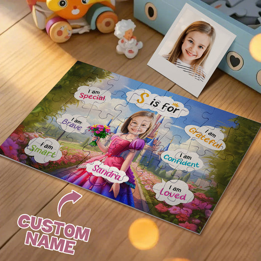 Personalized puzzle with a girl in a dress and flowers on a wooden surface.