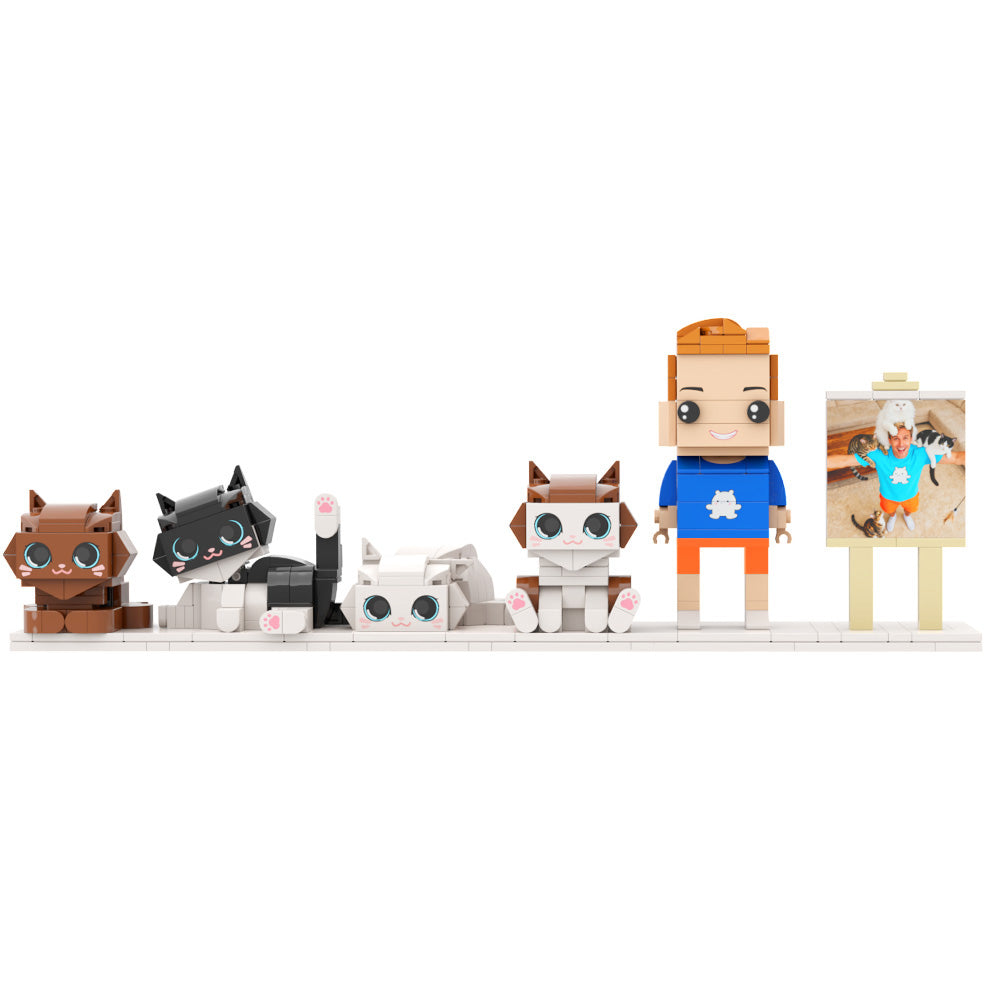 Custom Brick Figures with Frame (Male and 4 Cats)
