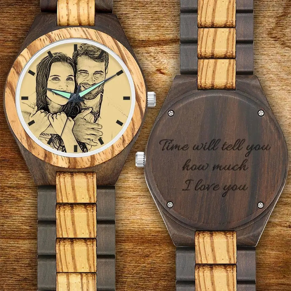 Wooden watch with engraved message and couple photo on wooden background