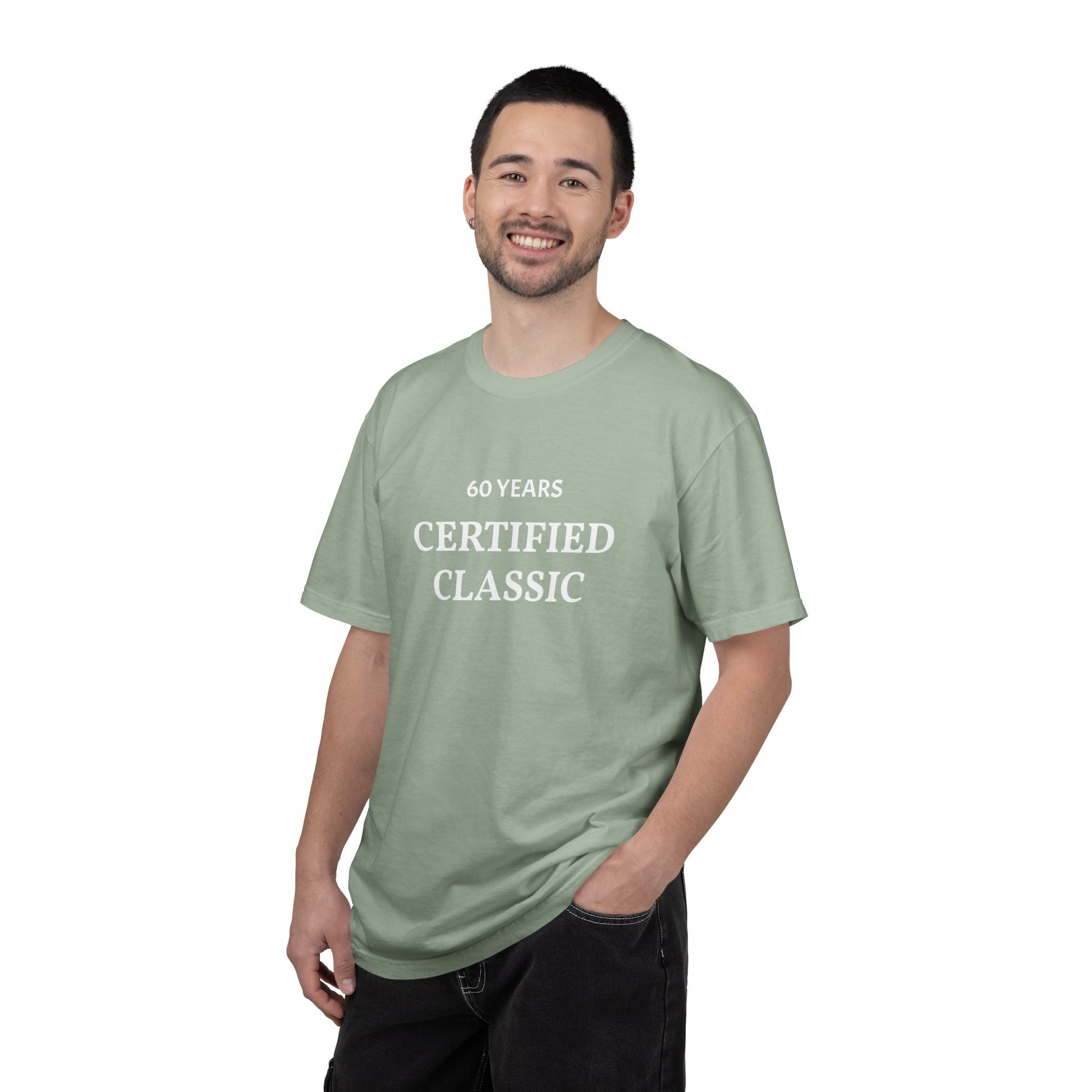 Man wearing a green t-shirt with '60 Years Certified Classic' text on a white background