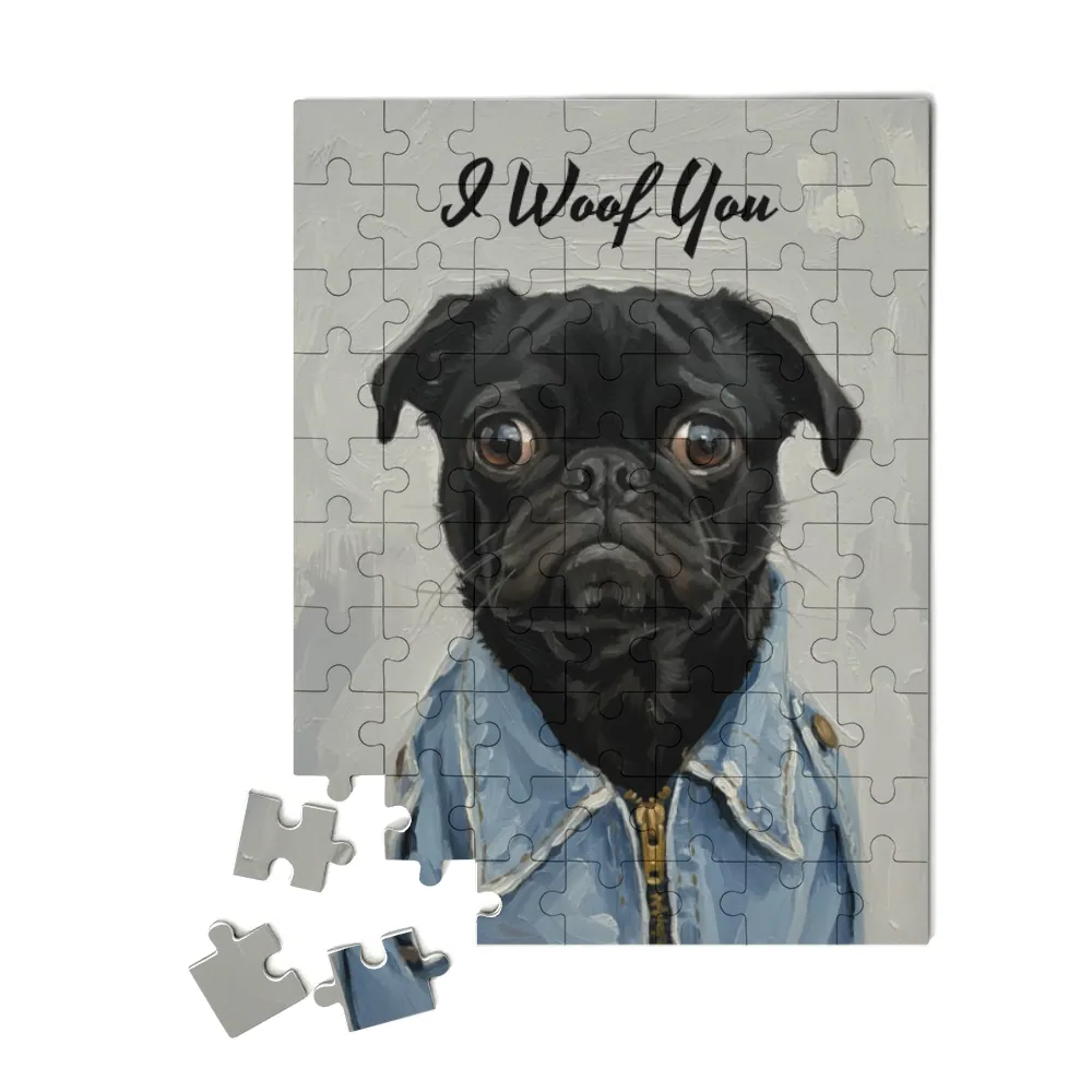 Jigsaw puzzle with a pug dog design and 'I woof you' text on a white background