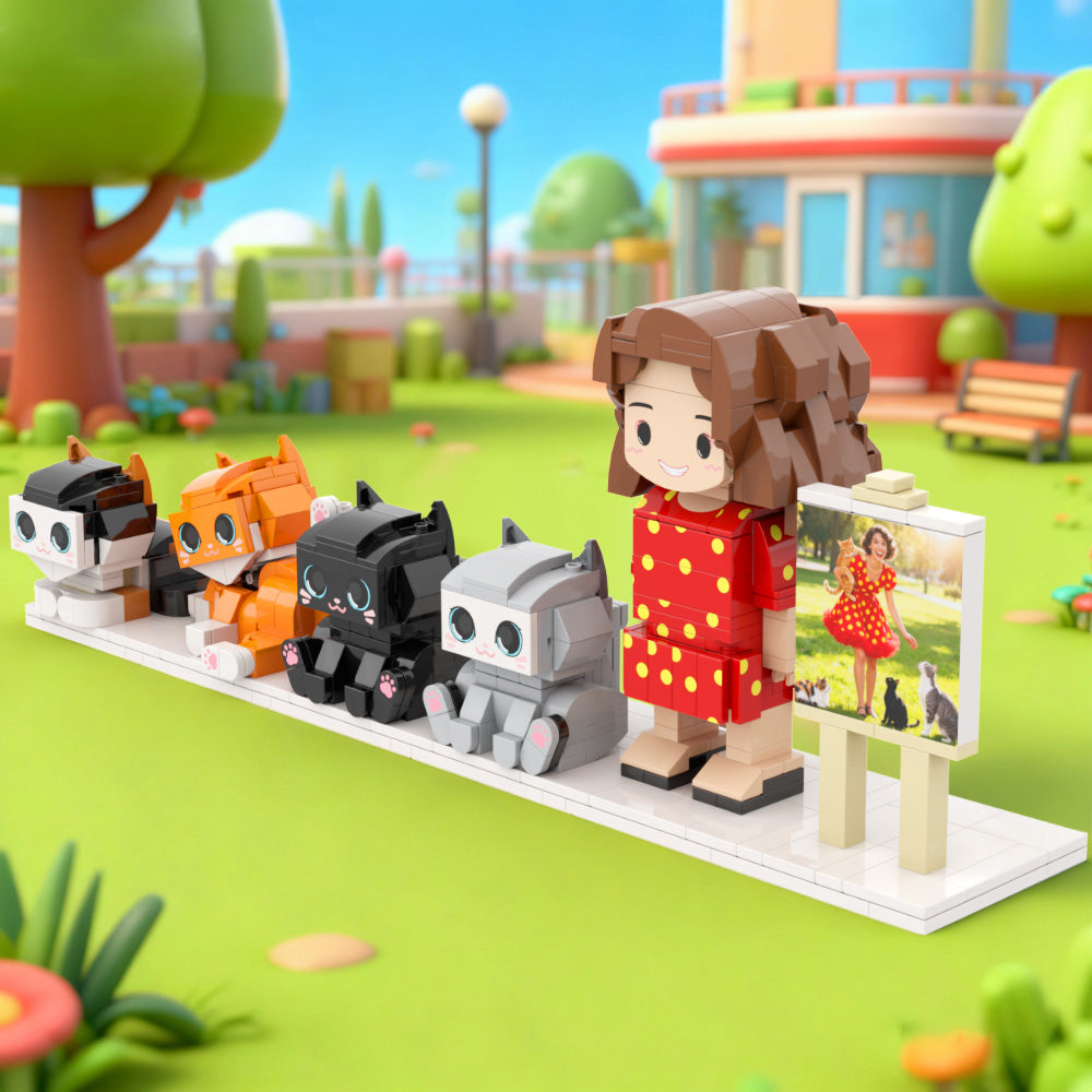 Custom Brick Figures With Frame (Female and 4 Cats) Gift For Cat Mom
