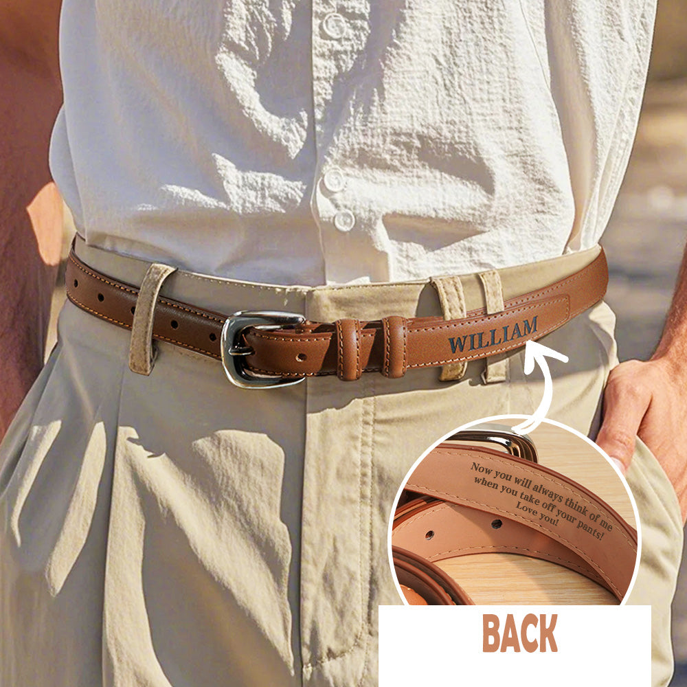 Brown belt with 'WILLIAM' engraved, worn by a person in a light shirt and beige pants.