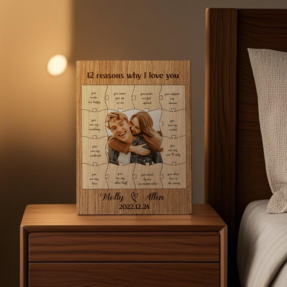 Wooden puzzle frame with a photo of two people hugging and text on a nightstand.