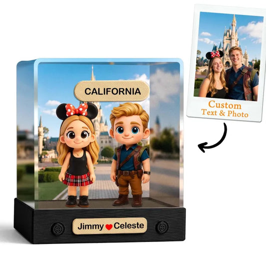 Personalized light box with cartoon characters and customizable text and photo feature, set against a Disney-themed background.