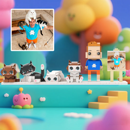 Toy figures of a boy with pets on a colorful background