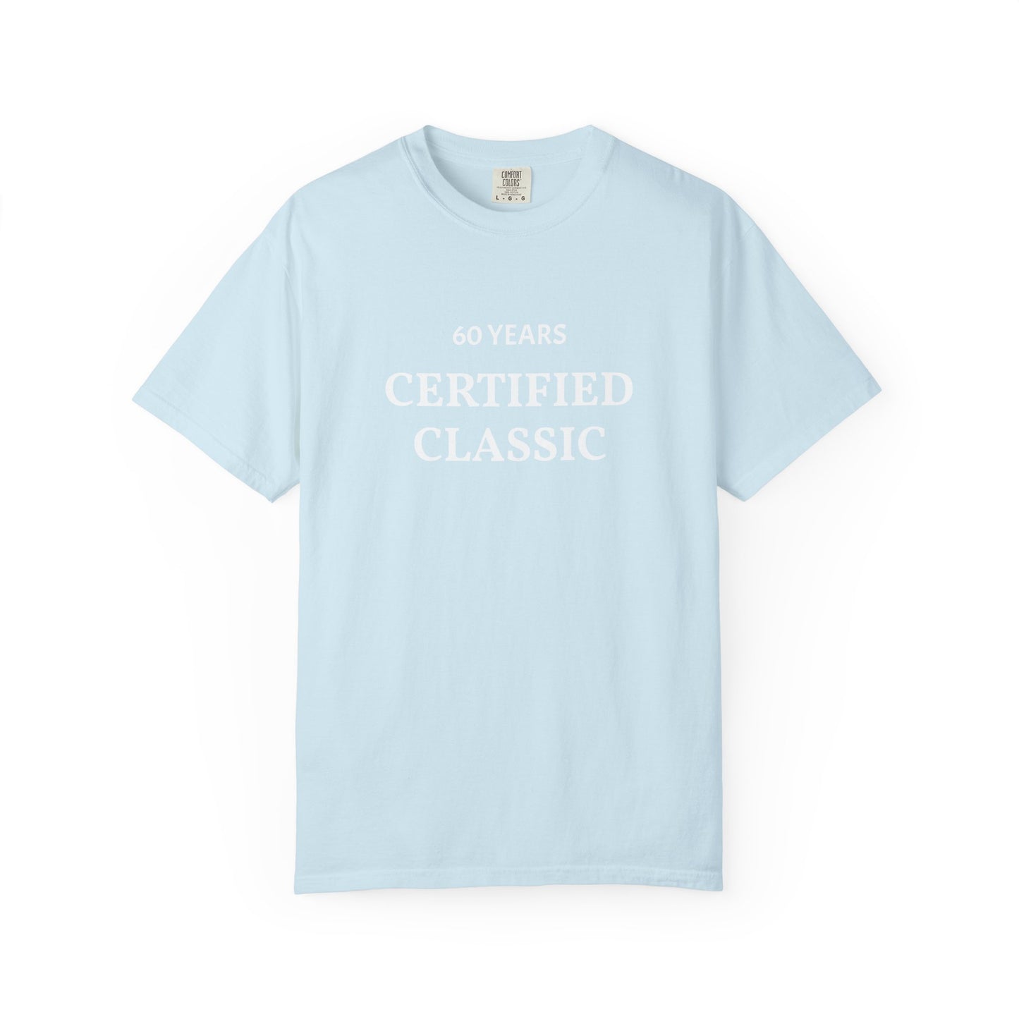 Light blue t-shirt with 'CERTIFIED CLASSIC' text on a white background