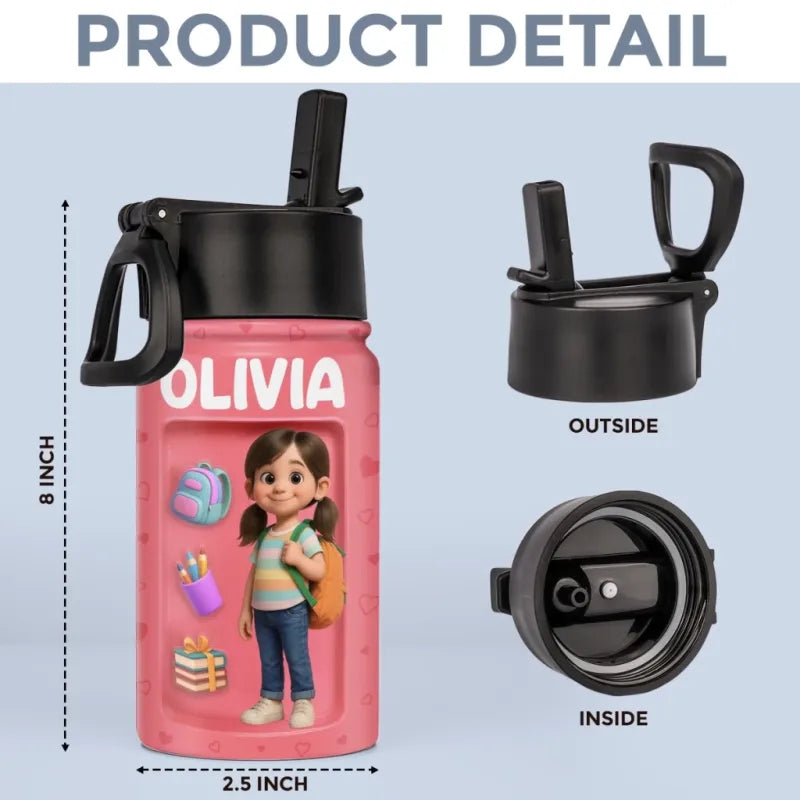Pink water bottle with character illustration and dimensions on a light blue background