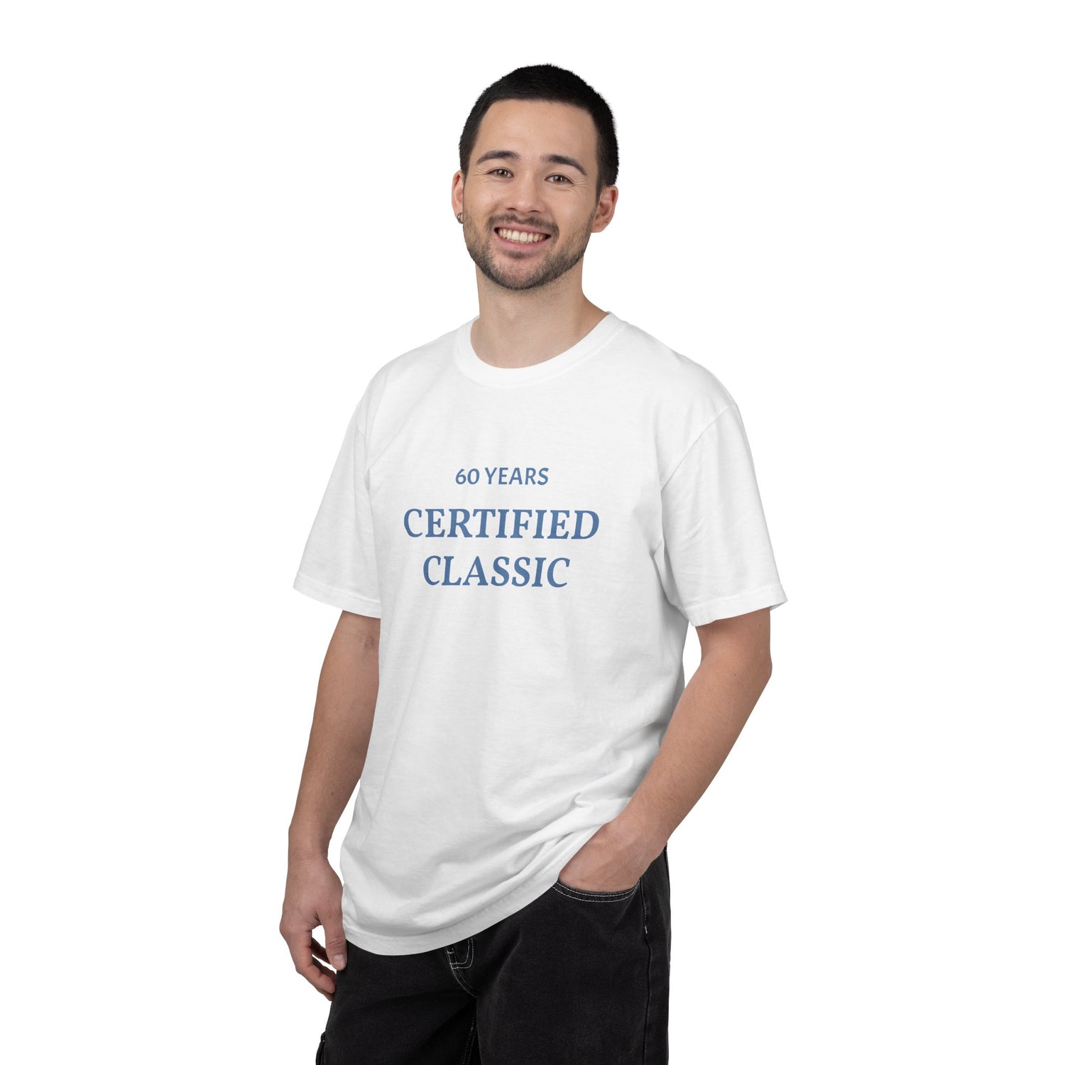 Man wearing a white t-shirt with '60 Years Certified Classic' text on a white background