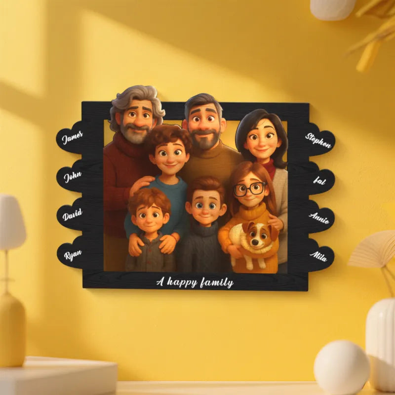 Framed family portrait with personalized names on a yellow wall