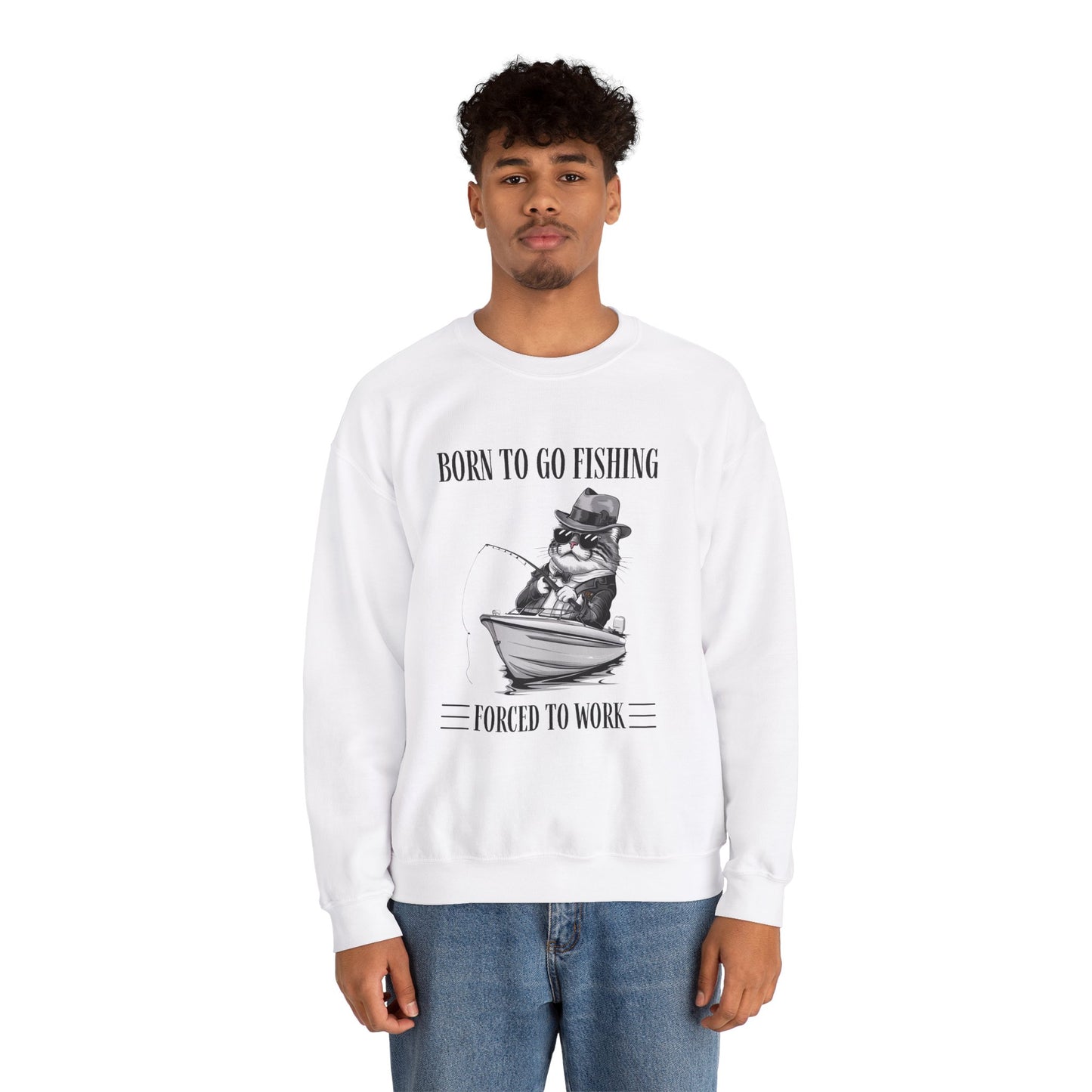 Born To Go Fishing Crewneck Sweatshirt, Cat Lover Fishing Lover Sweatshirt - furevermama