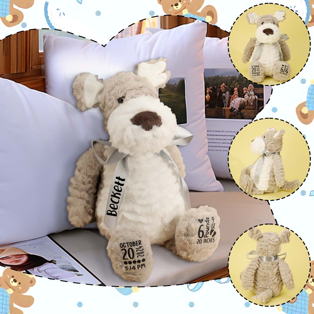 Stuffed animal toy with personalized details on a bed, surrounded by circular insets of the toy.