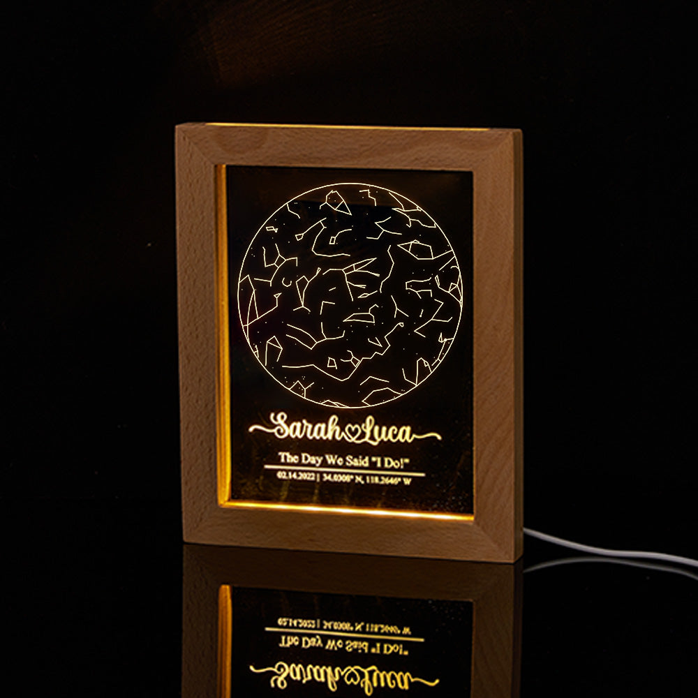 Custom Engraved Star Map Wooden Frame Night Light