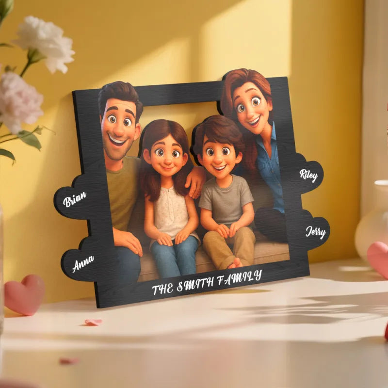 Personalized family photo frame with cartoon characters on a yellow background