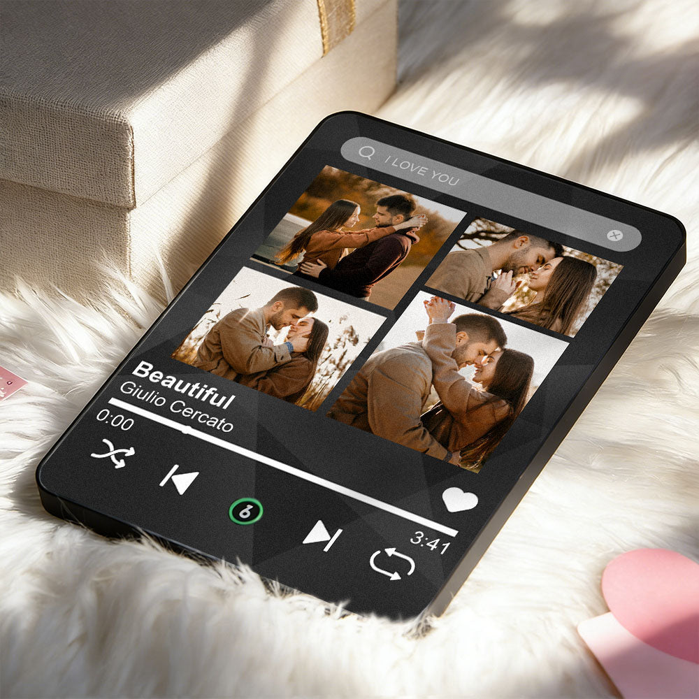 Phone with music player app on screen displaying romantic images and music.