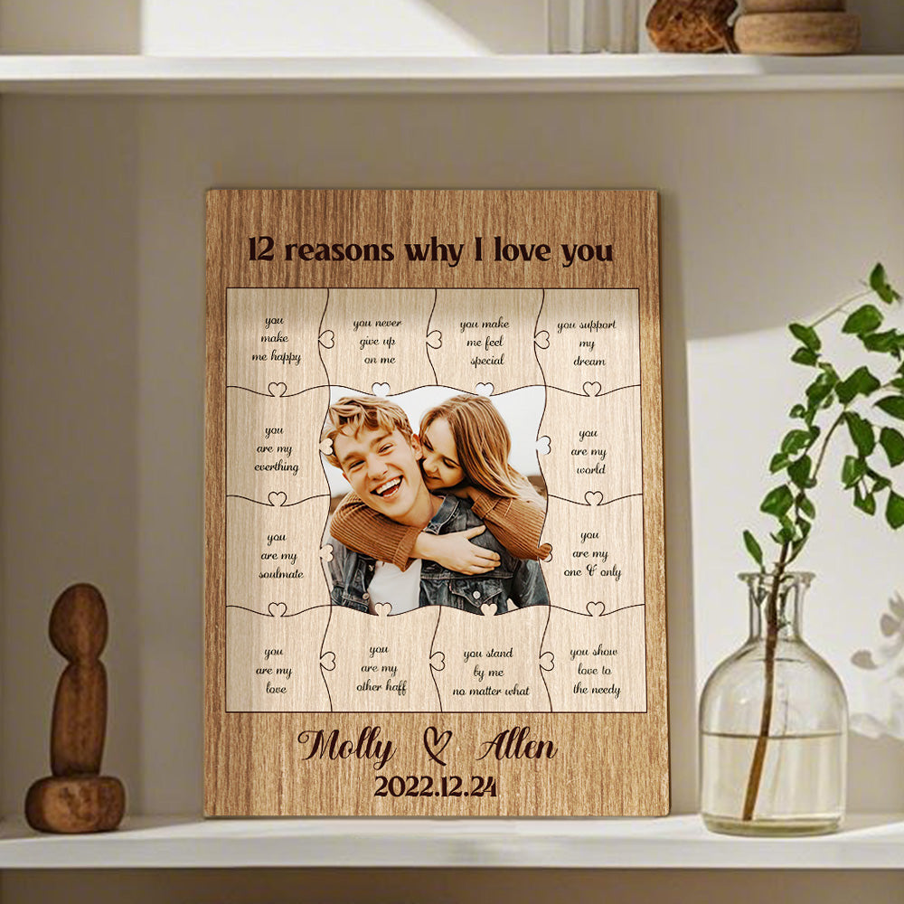 Wooden photo puzzle with text on a shelf with decorative items