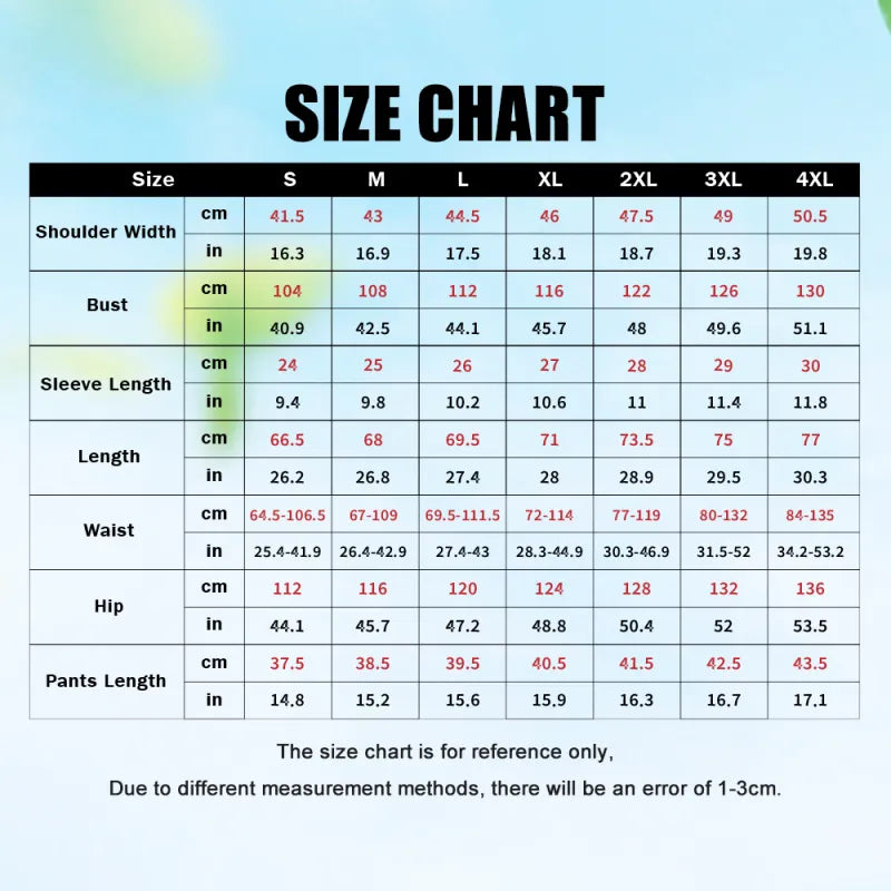 Size chart for clothing measurements in centimeters and inches with a blue gradient background.