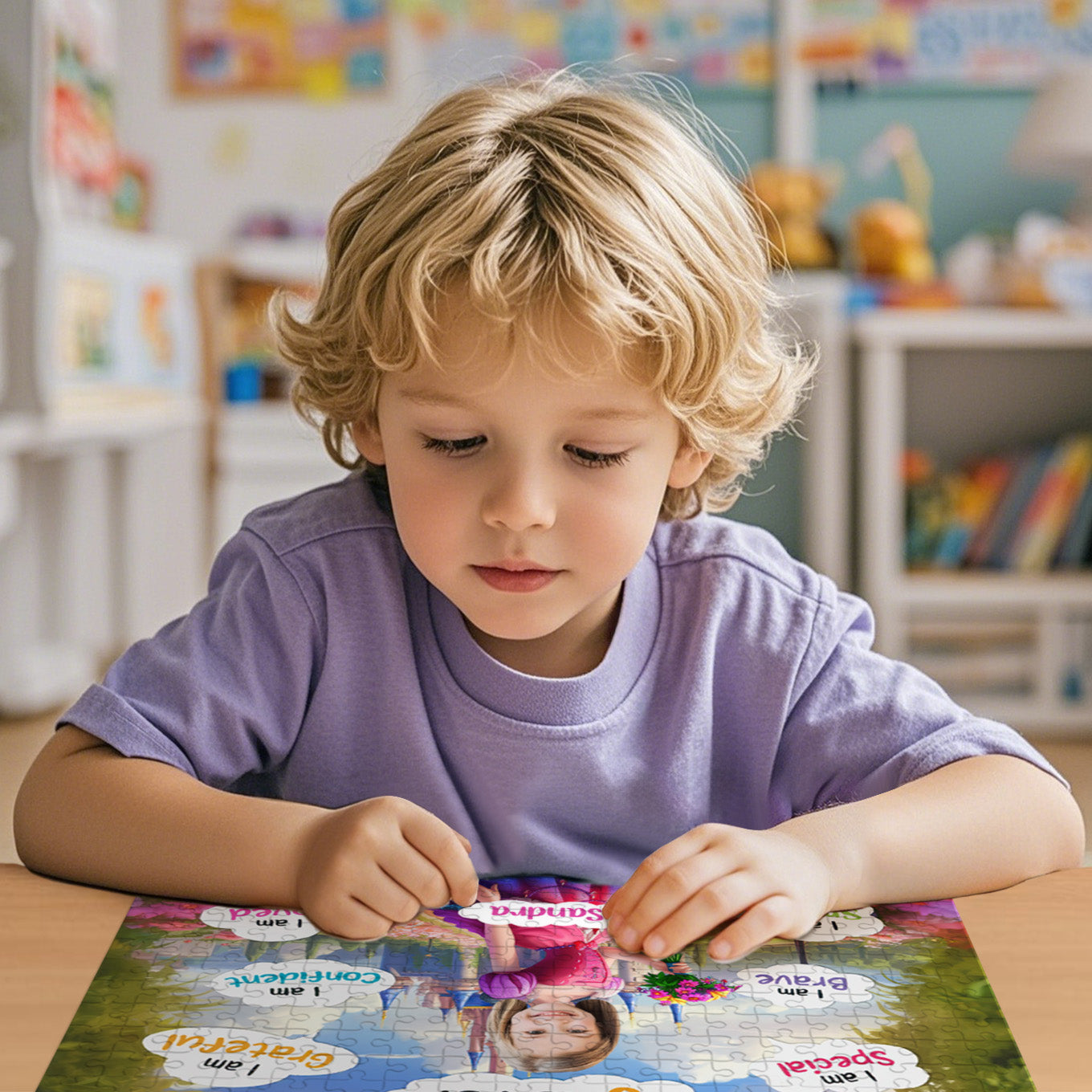 Child playing with a puzzle in a classroom setting