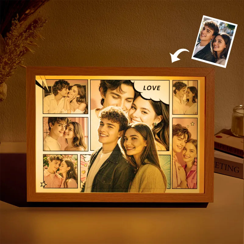 Collage of a couple's photos in a wooden frame with 'LOVE' text, on a warm-toned background.