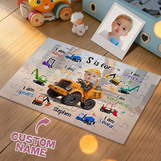 Children's puzzle with construction theme and customizable name on a wooden surface.