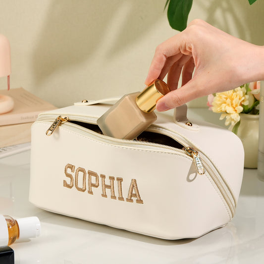Personalized Leather Makeup Bag with Name Embroidery - furevermama