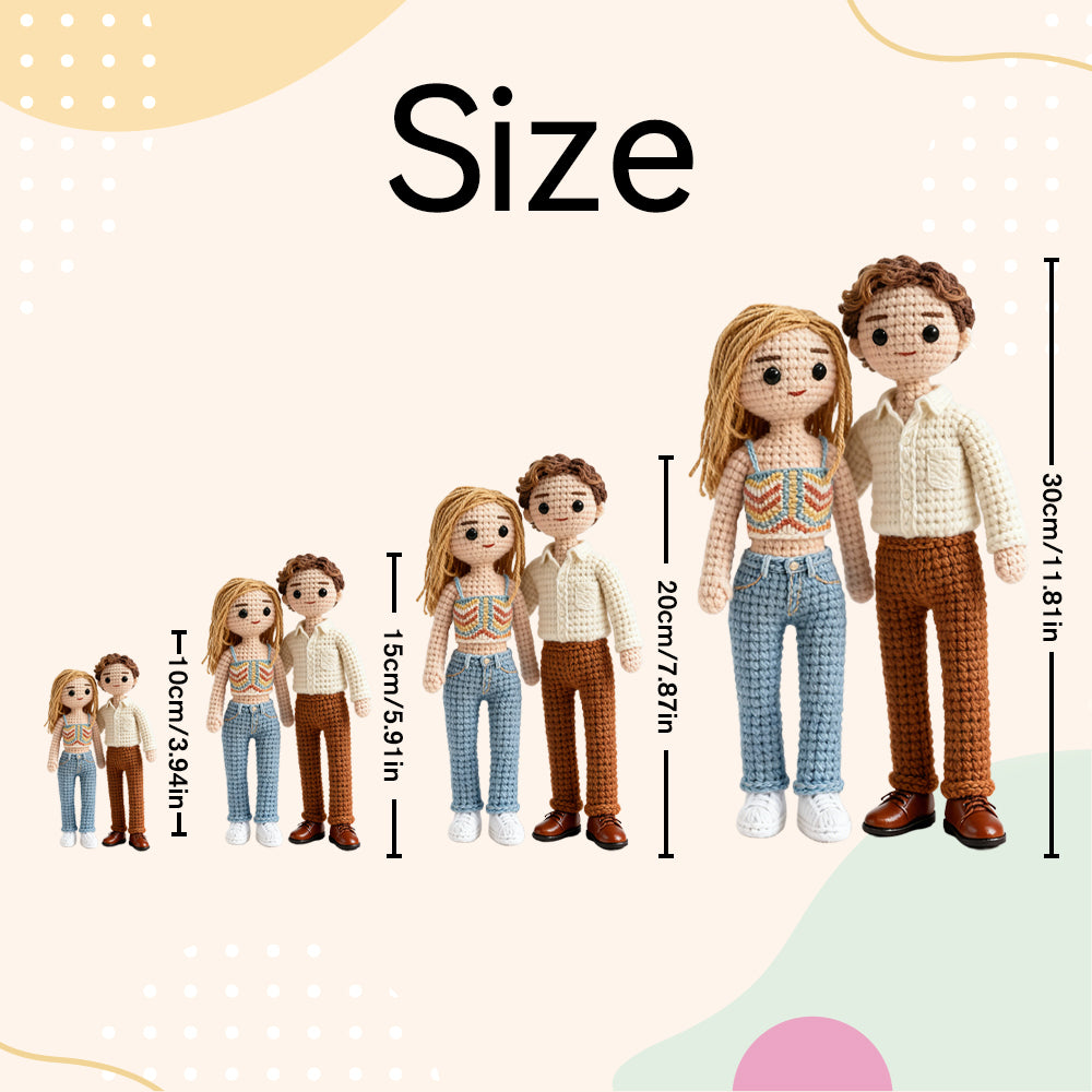 Set of crocheted dolls with size measurements on a light background