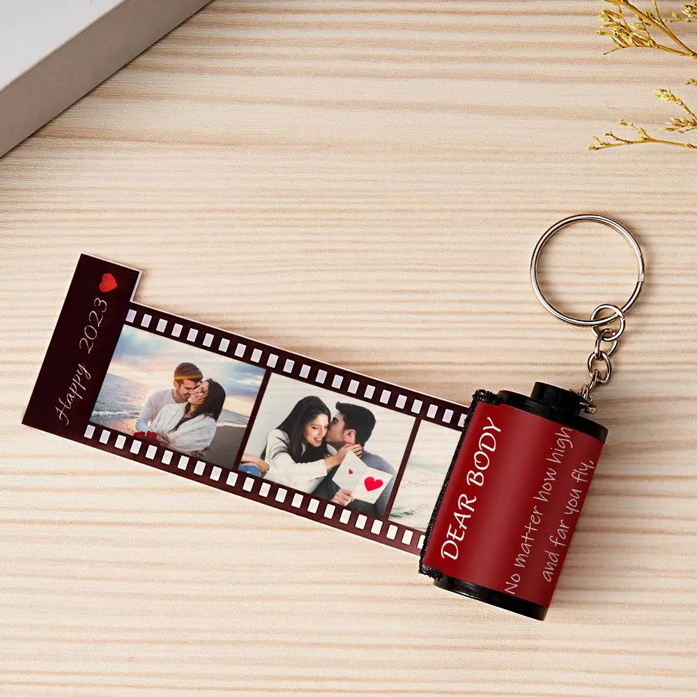 Custom Photo & Text Colorful Roll Film Keychain Camera Keychain with Wood Box - Gift For Valentine's Day Birthday Anniversary