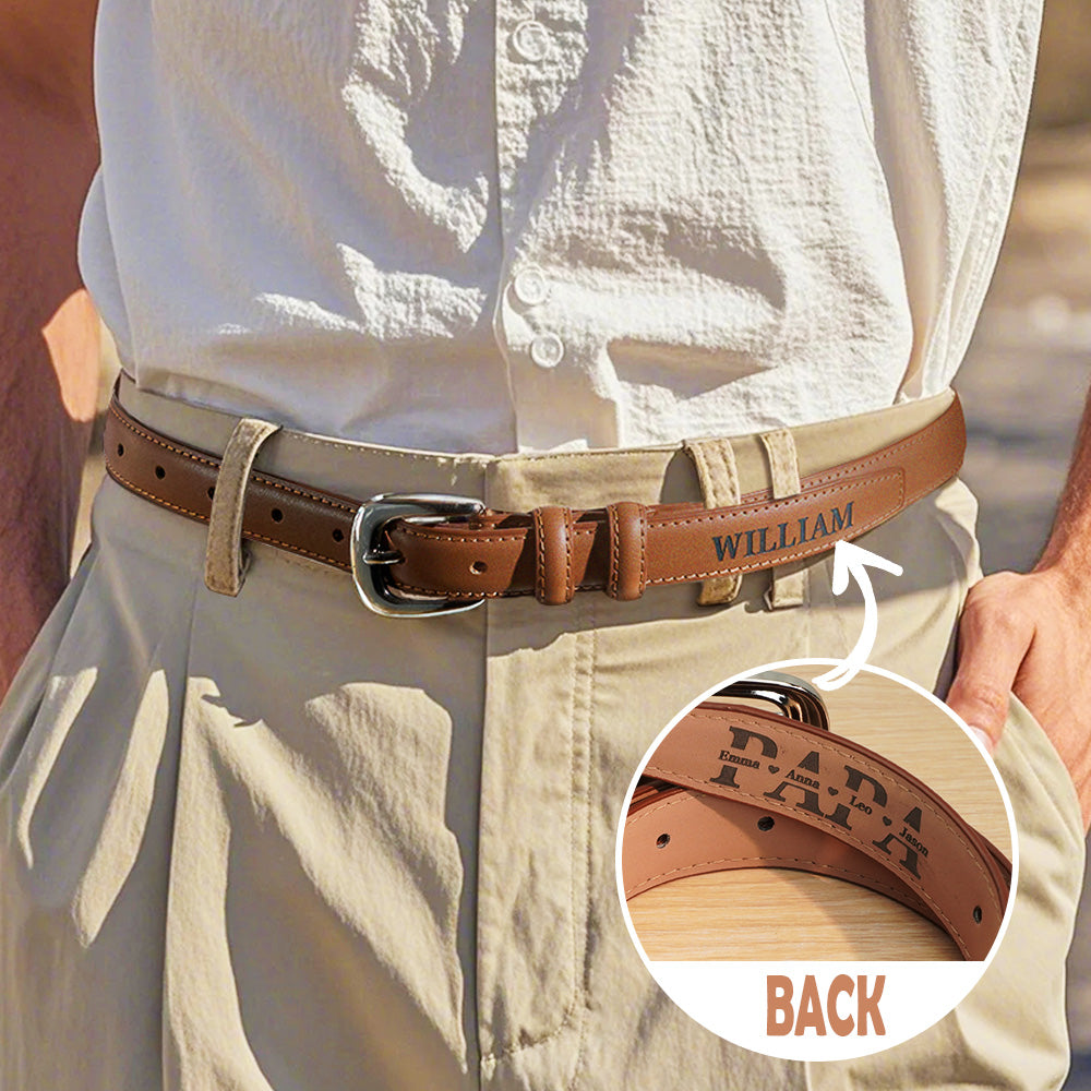 Person wearing a brown belt with 'PAPA' engraved on it, set against a neutral background.