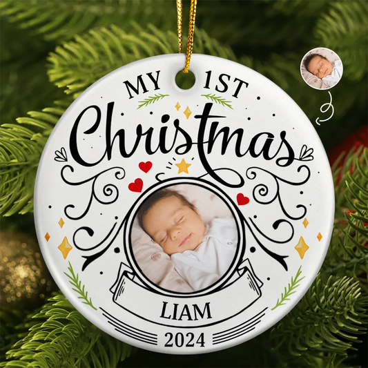 Custom Photo Baby First Christmas Parents - Personalized Circle Ceramic Ornament - furevermama