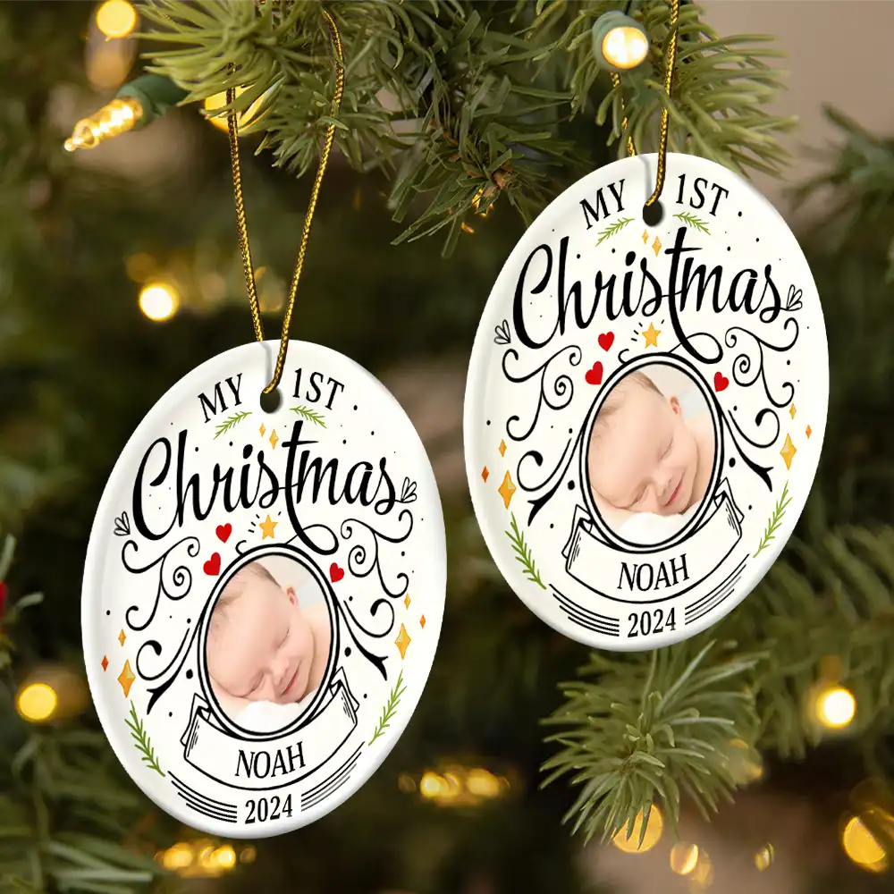Custom Photo Baby First Christmas Parents - Personalized Circle Ceramic Ornament - furevermama