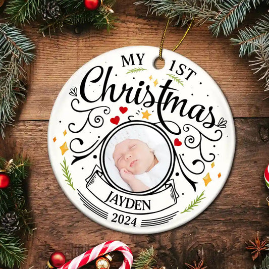 Custom Photo Baby First Christmas Parents - Personalized Circle Ceramic Ornament - furevermama