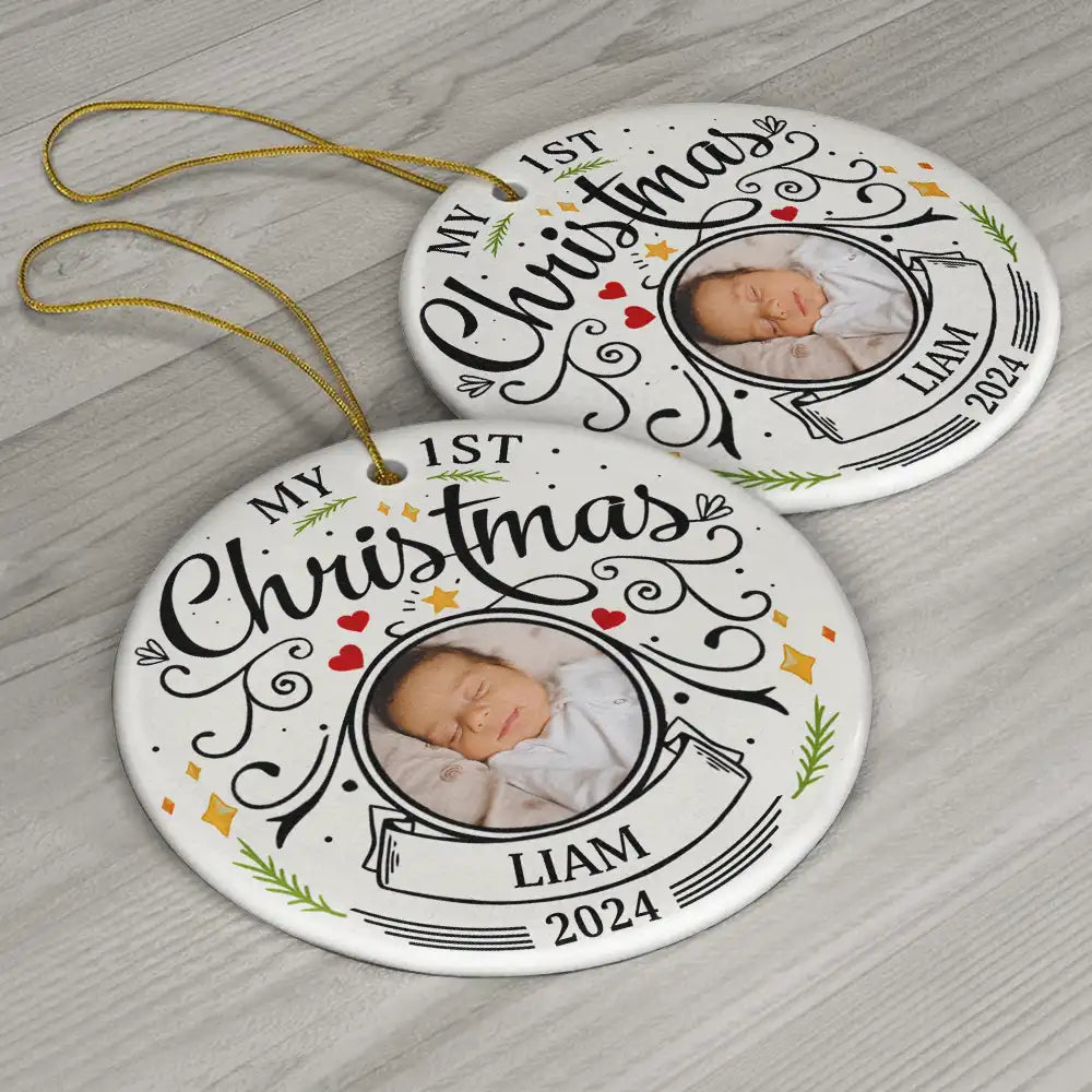 Custom Photo Baby First Christmas Parents - Personalized Circle Ceramic Ornament - furevermama