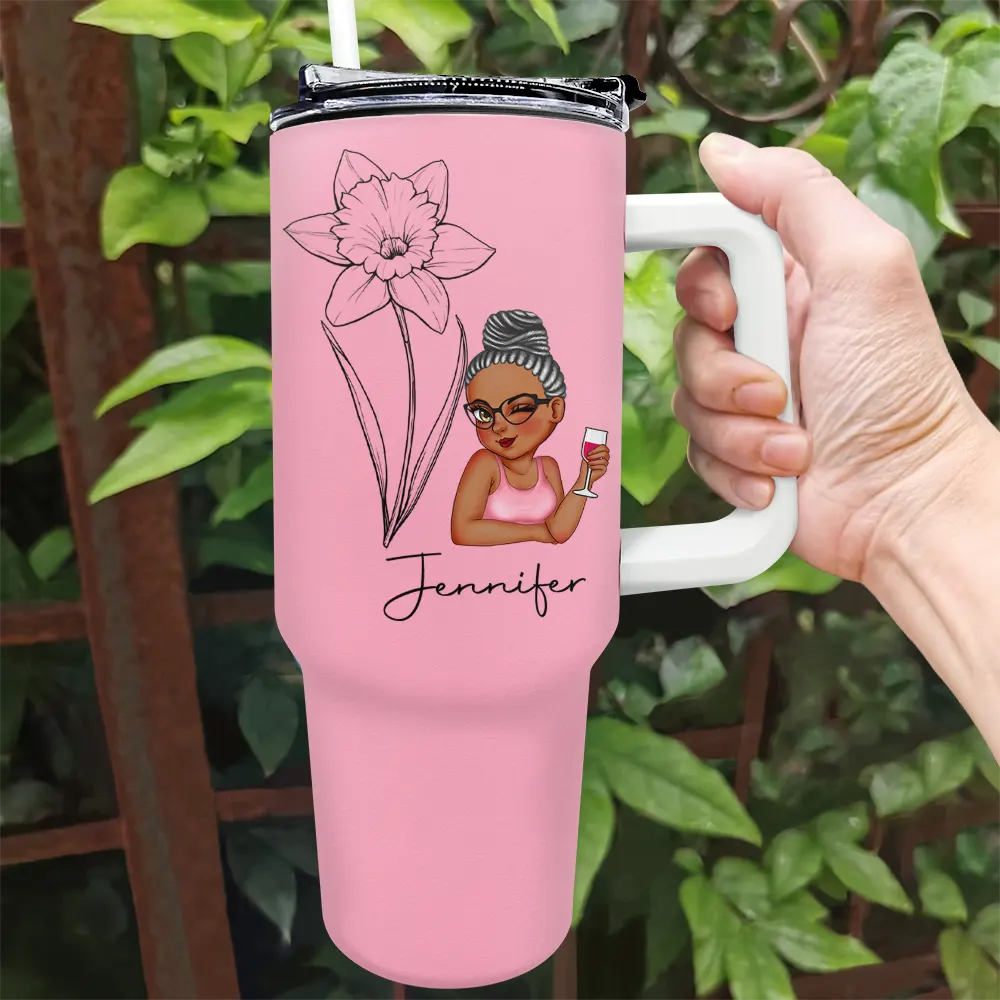 Birth Month Flowers Sketch Girl Personalized 40oz Tumbler - furevermama