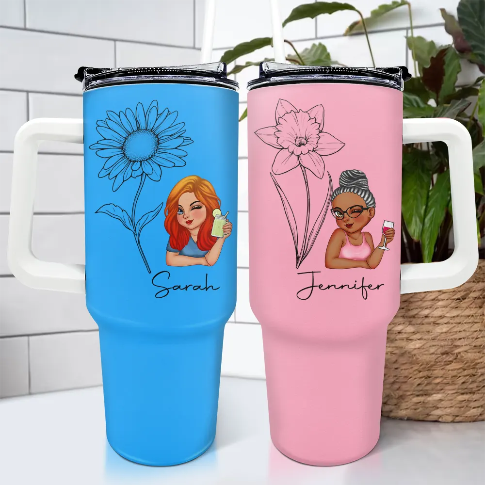 Birth Month Flowers Sketch Girl Personalized 40oz Tumbler - furevermama