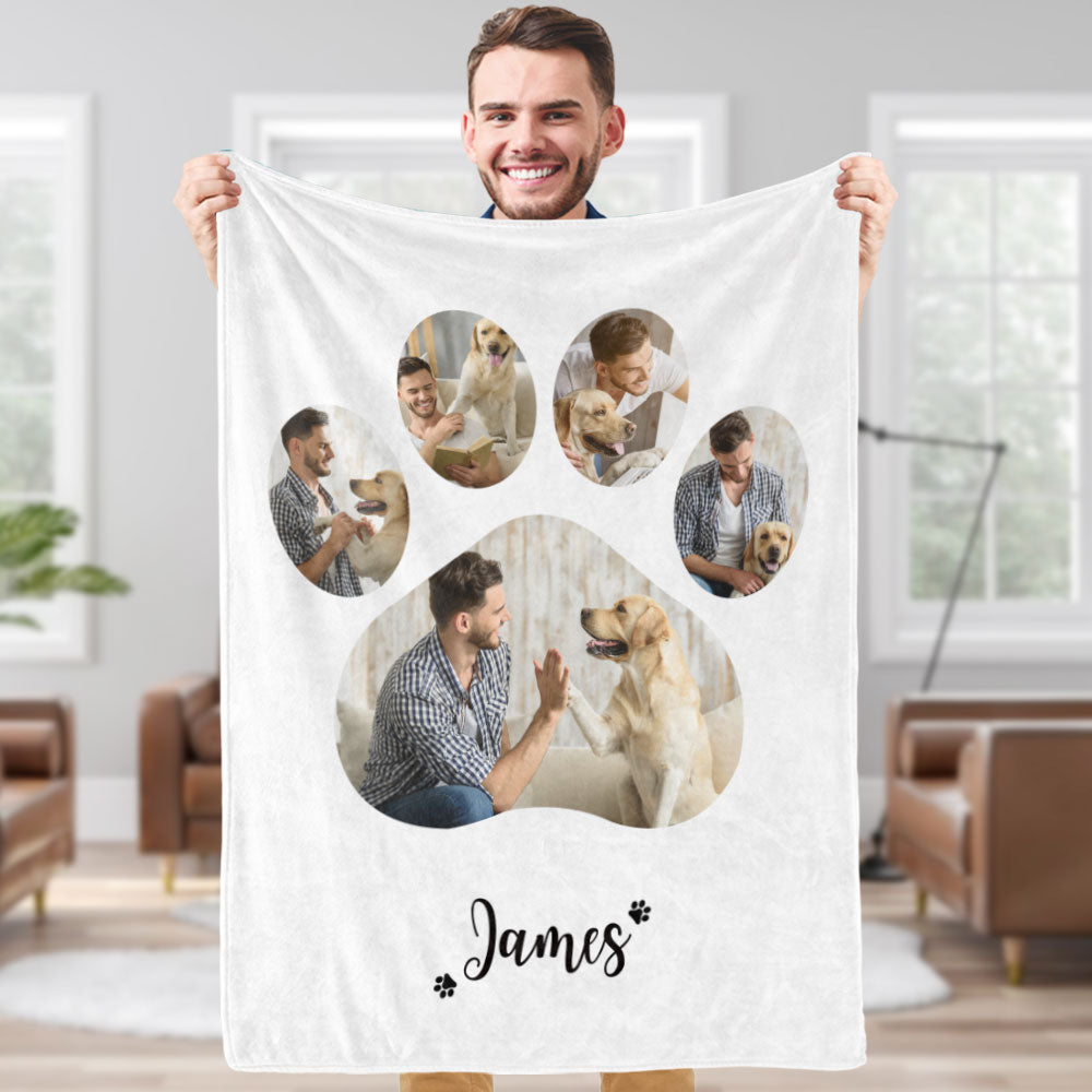 Person holding a blanket with circular images of a man and dog, with 'James' written below.