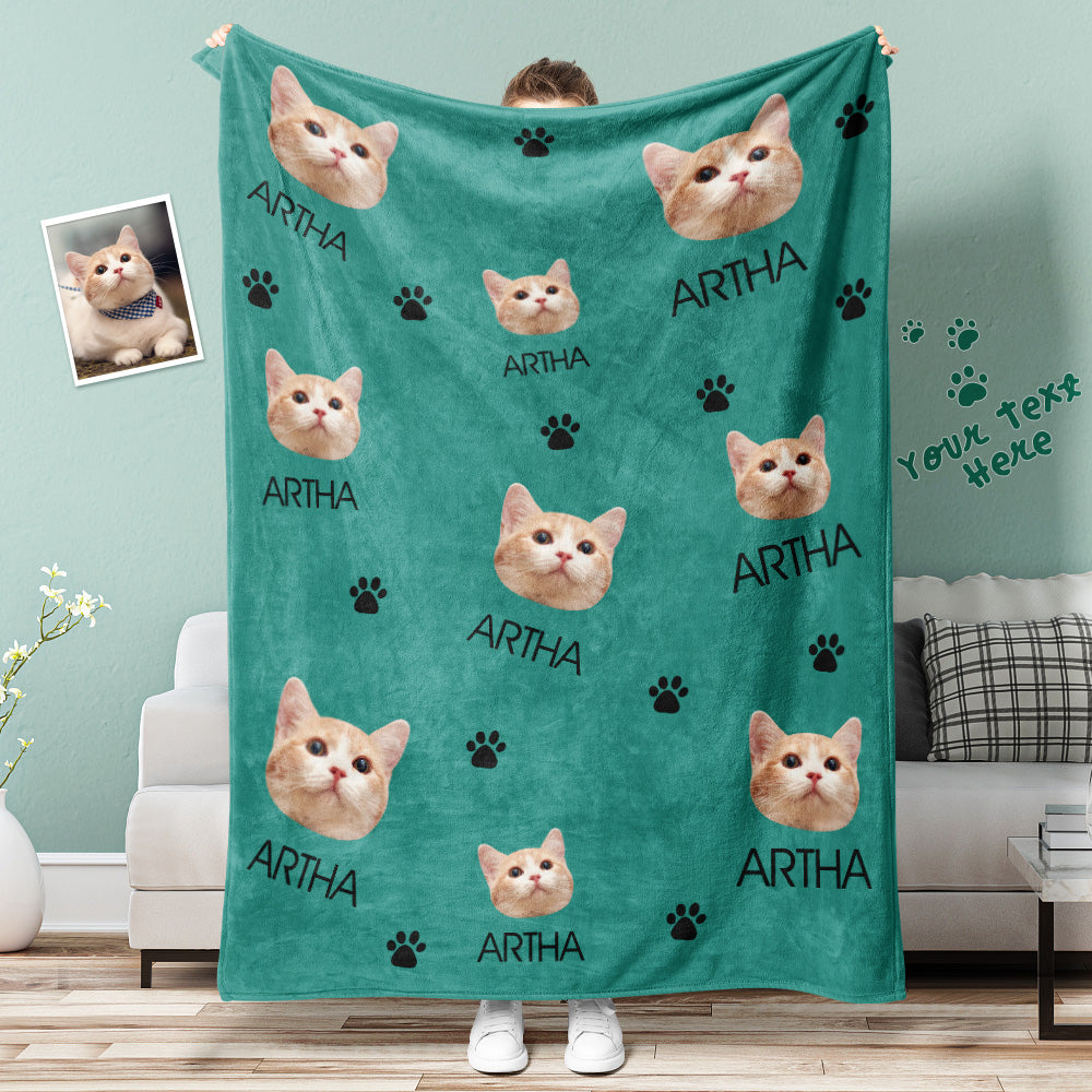 Custom Cat Face Blanket Cat Paws Personalized Pet Photo and Text Blanket - furevermama