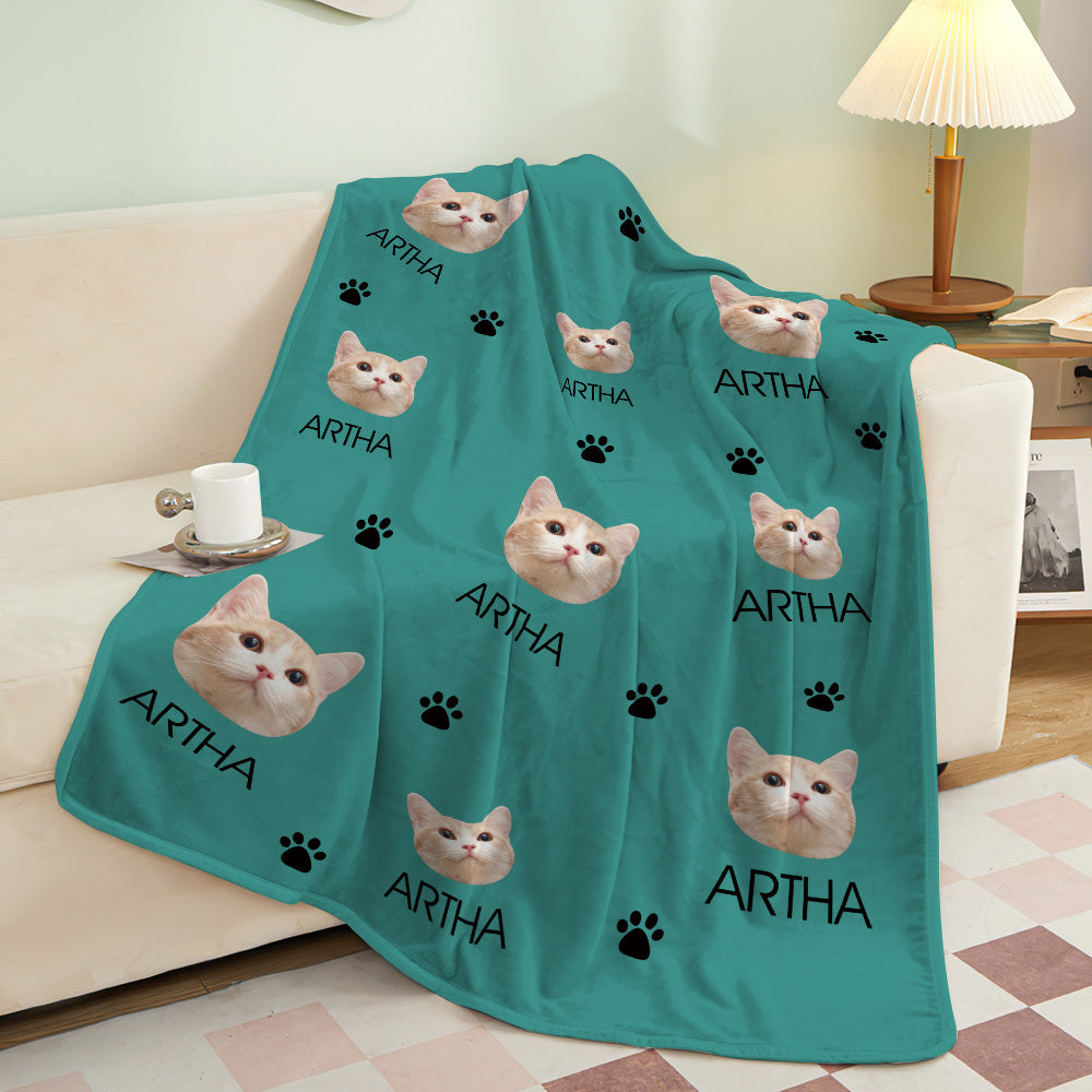 Custom Cat Face Blanket Cat Paws Personalized Pet Photo and Text Blanket - furevermama