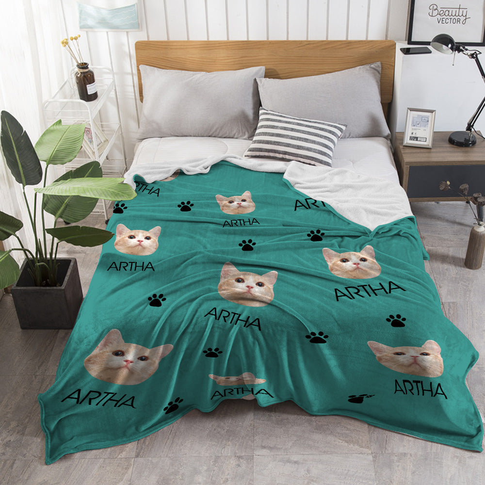Custom Cat Face Blanket Cat Paws Personalized Pet Photo and Text Blanket - furevermama