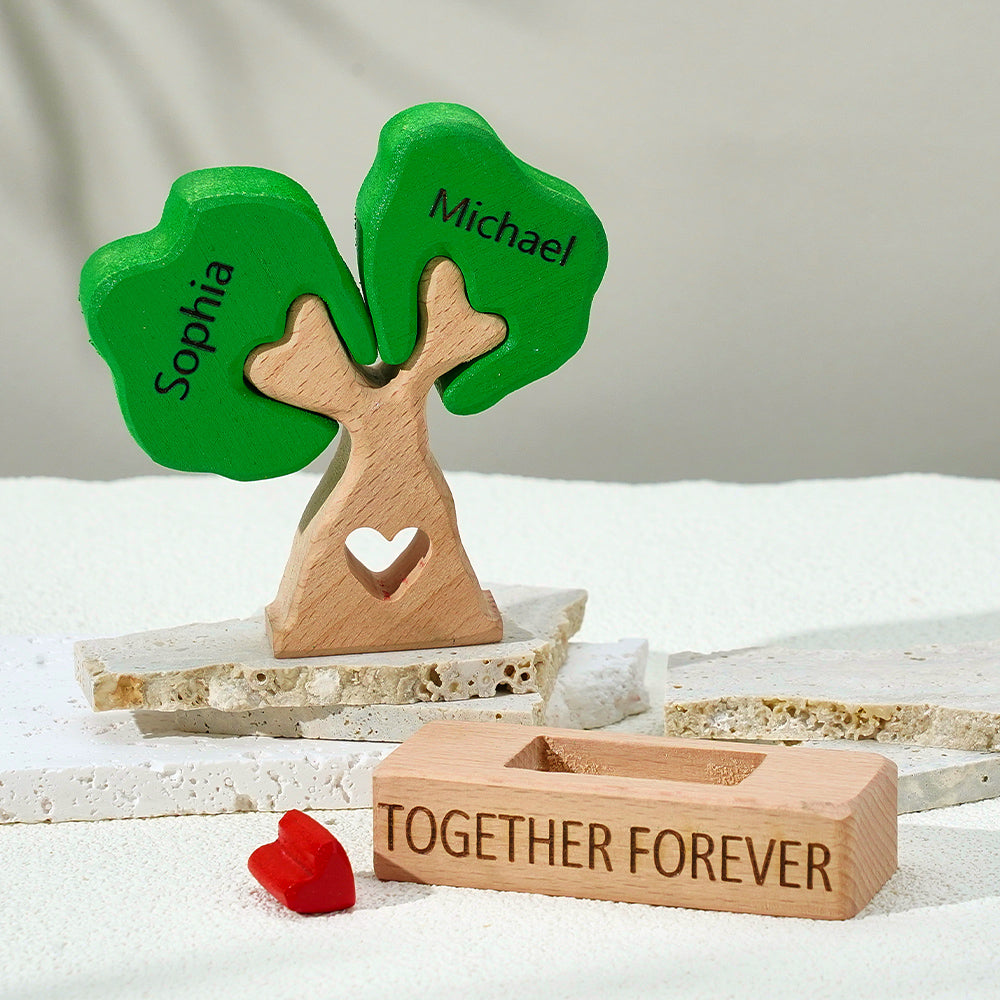 Personalized wooden tree with engraved names and 'Together Forever' message on a light background.