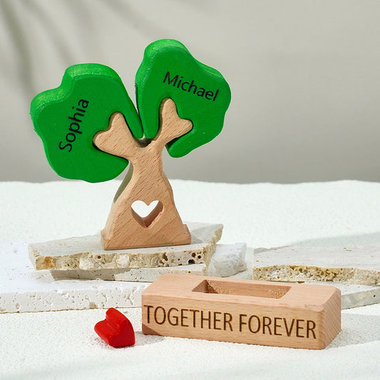 Personalized wooden tree with engraved names and 'Together Forever' message on a light background.