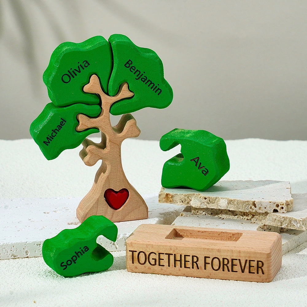 Personalized wooden tree with name blocks on a neutral background