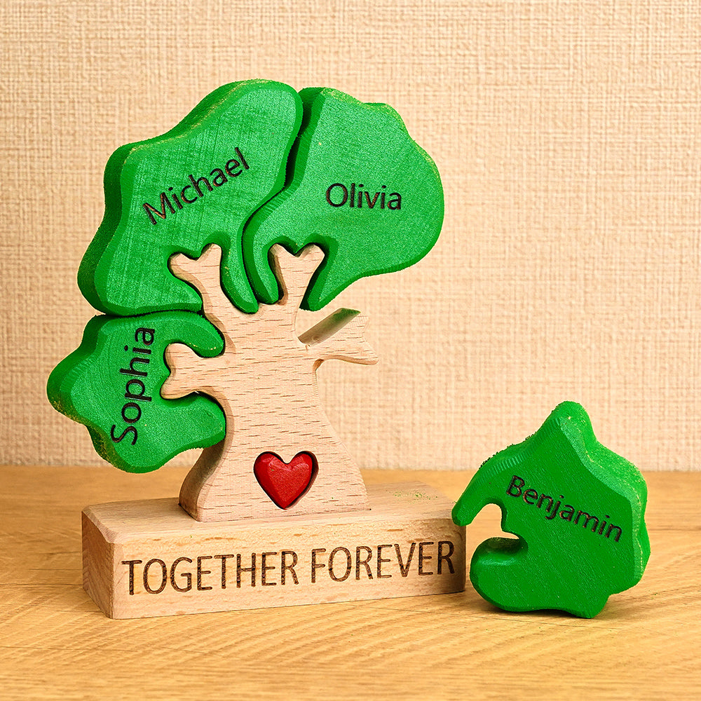 Wooden tree-shaped puzzle with green leaves and names, set against a beige background.
