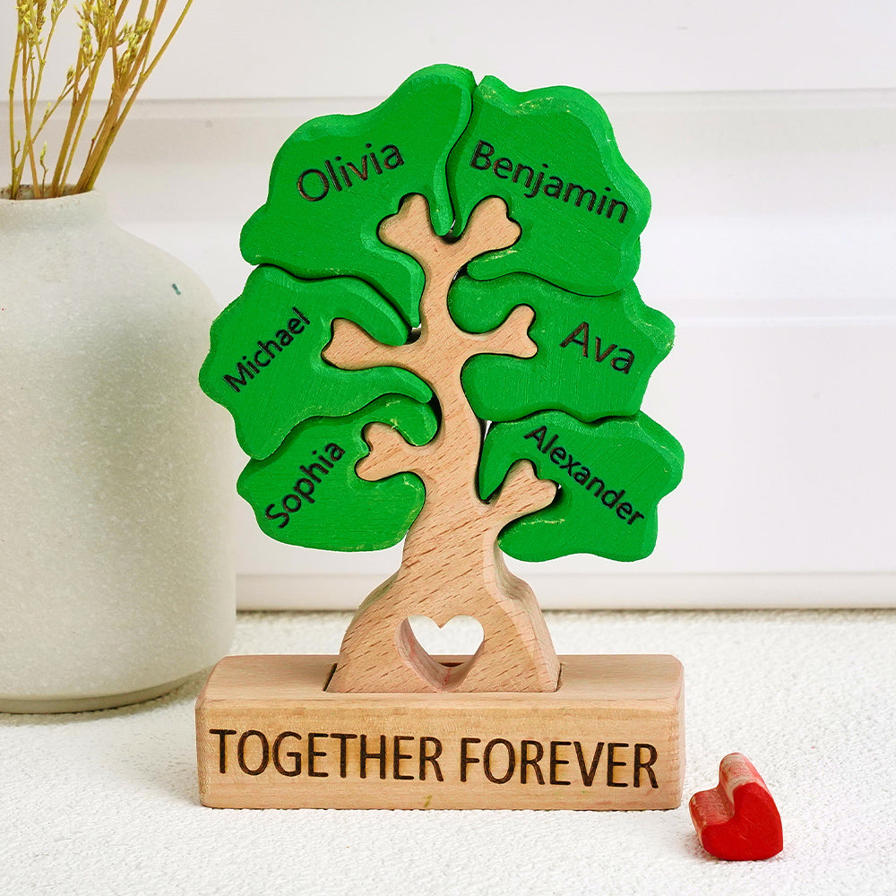 Wooden family tree with engraved names and 'Together Forever' on a white surface.